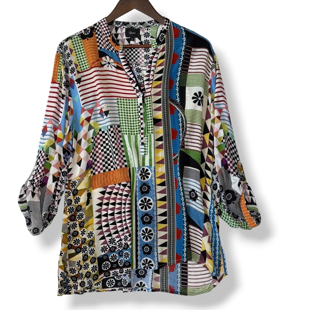 Shana Tunic Top Blouse XL Patchwork 100% Viscose Silk Boho Art To Wear Roll Tab